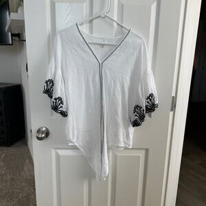 max studio women’s white black embroidered kimono top size m boho peasant blouse